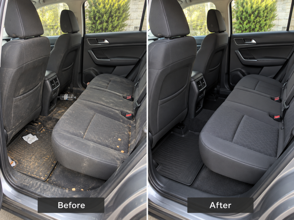 Illustrative before-and-after comparison showing the rear seats and floor of an SUV before and after interior cleaning.