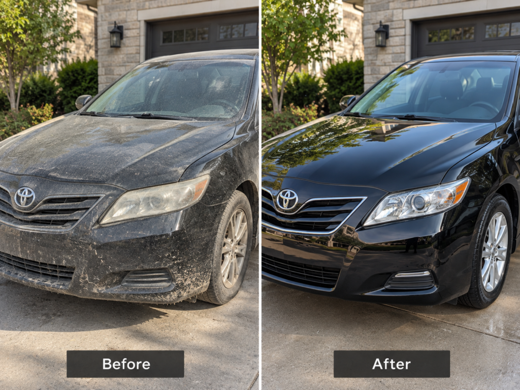 Illustrative before-and-after comparison of a black Toyota sedan showing dirty exterior paintwork and a freshly washed finish.