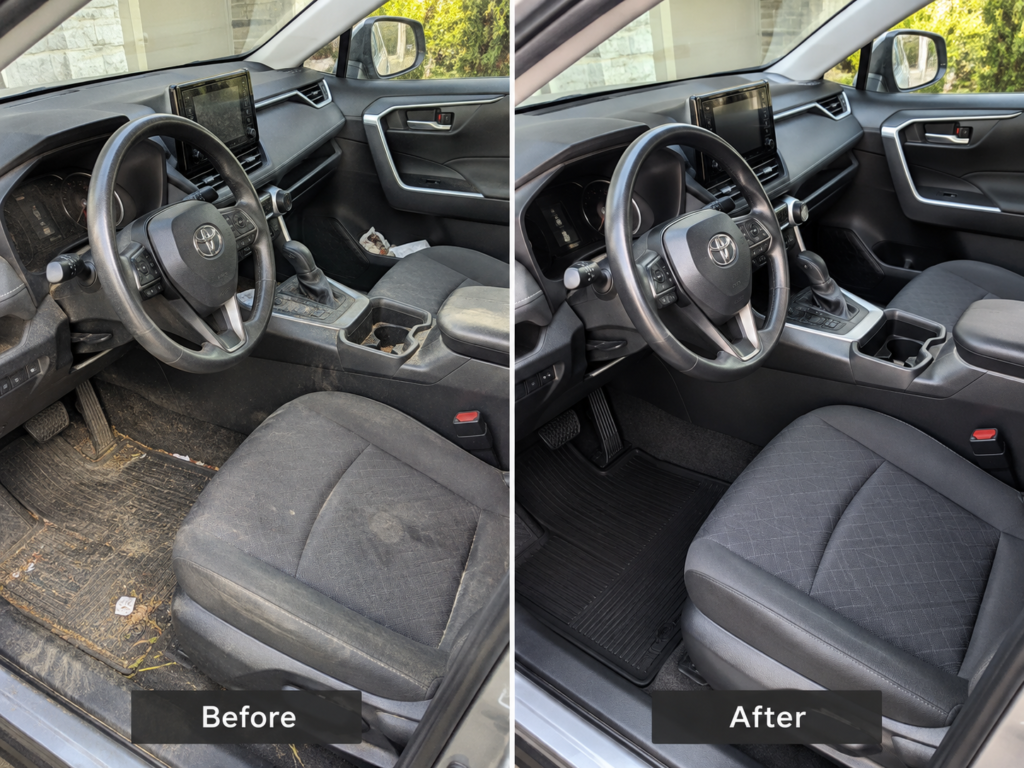 Illustrative before-and-after comparison of a Honda Civic front interior showing dirty seats, floor mats and centre console compared with a clean interior.
