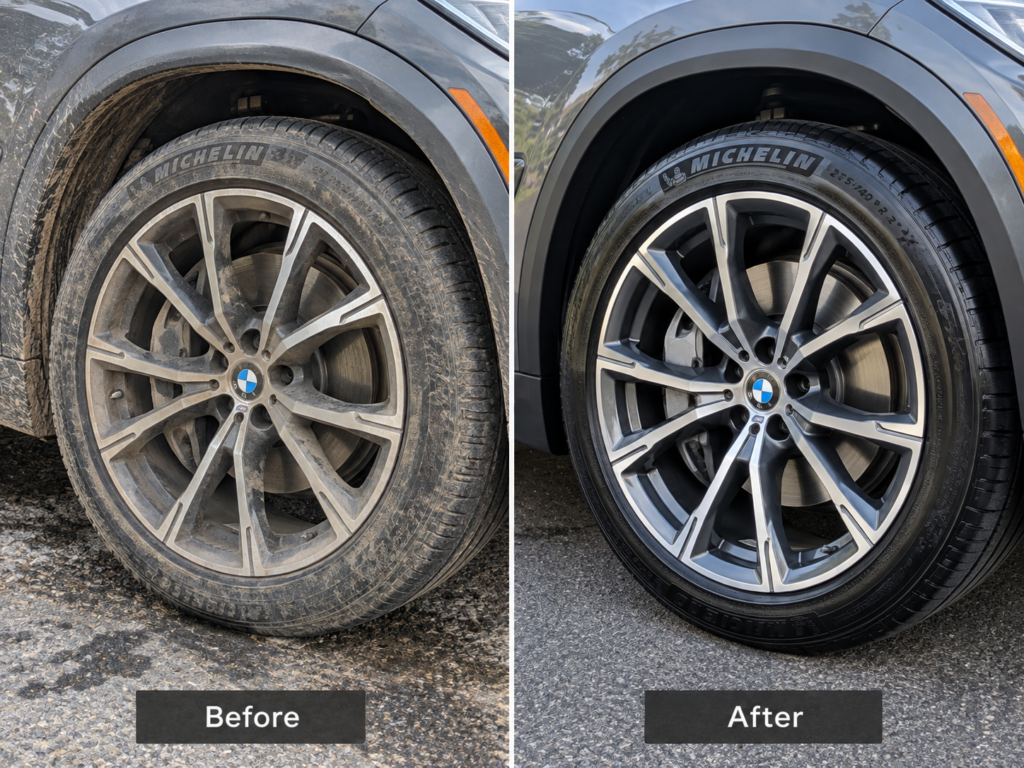Illustrative before-and-after comparison of a dirty BMW alloy wheel and tyre after cleaning.